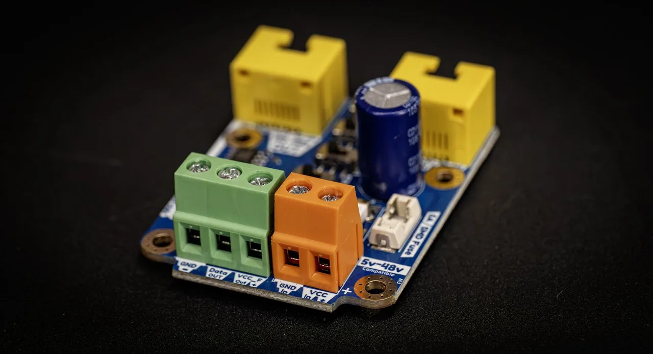 QuinLED Diff-Adv board angled close-up on a dark background, two yellow RJ45 jacks, green and orange screw terminals and a blue capacitor