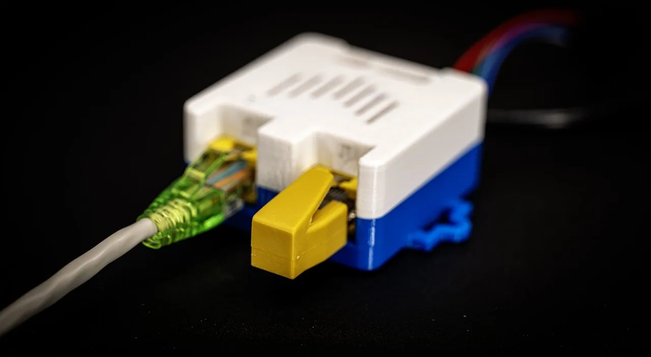 QuinLED Diff-Adv in a white-and-blue 3D-printed case with a green RJ45 patch cable plugged in and yellow connector and ribbon wires exiting