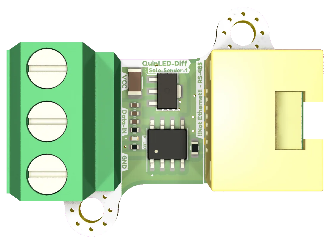 QuinLED Diff-Solo Sender board top-down, green PCB with a 3-pin screw terminal, RS-485 chips, mounting ears and a yellow RJ45 jack