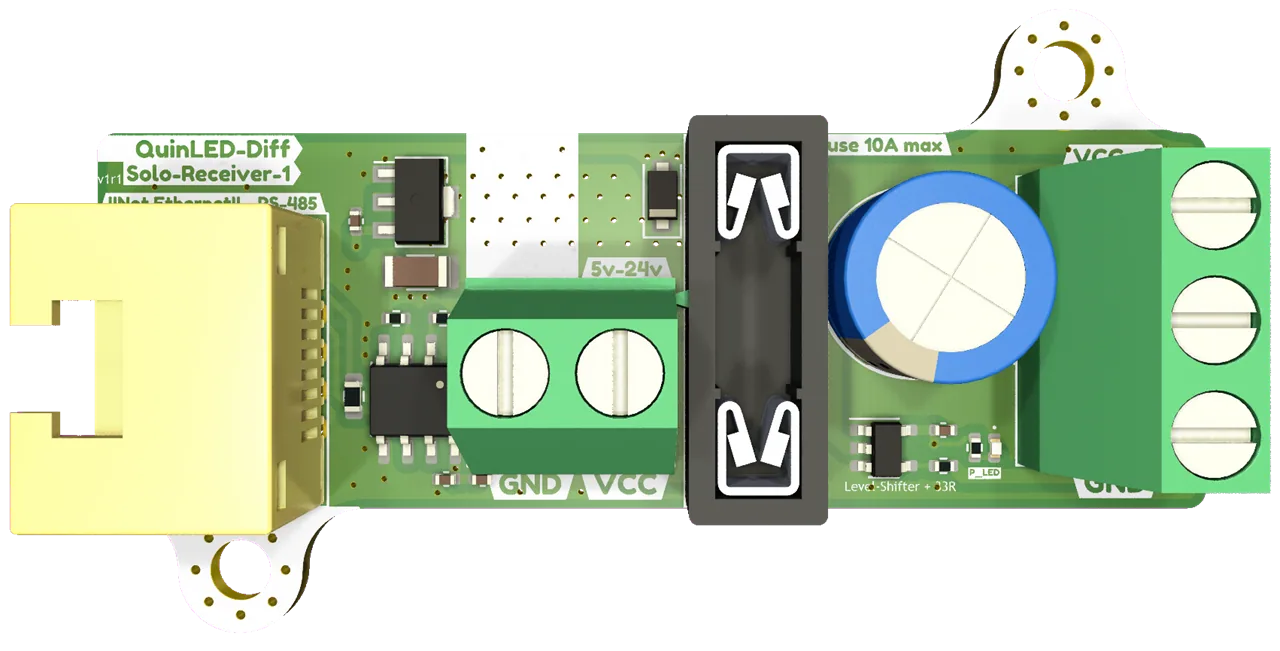 QuinLED Diff-Solo Receiver board top-down, green PCB with a yellow RJ45 jack, green terminals, blue capacitor and a 10A blade-fuse holder
