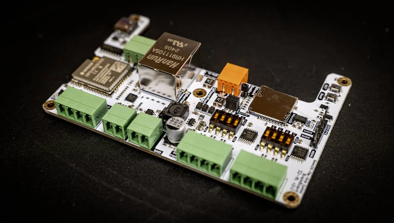 QuinLED Dig-Octa Brainboard-32-8L at an angle, showing the ESP32 module, silver Ethernet jack, DIP switches and green screw terminals