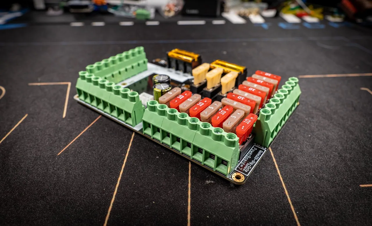 QuinLED Dig-Octa Power-7 top-down labelled diagram of the screw-terminal Powerboard with fused outputs, voltage meter and bolt power inputs