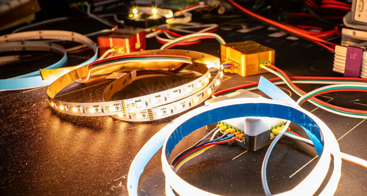 QuinLED dig2analog+ in use, with blurred LED strip reels and wiring on a dark workbench and a yellow connector glowing
