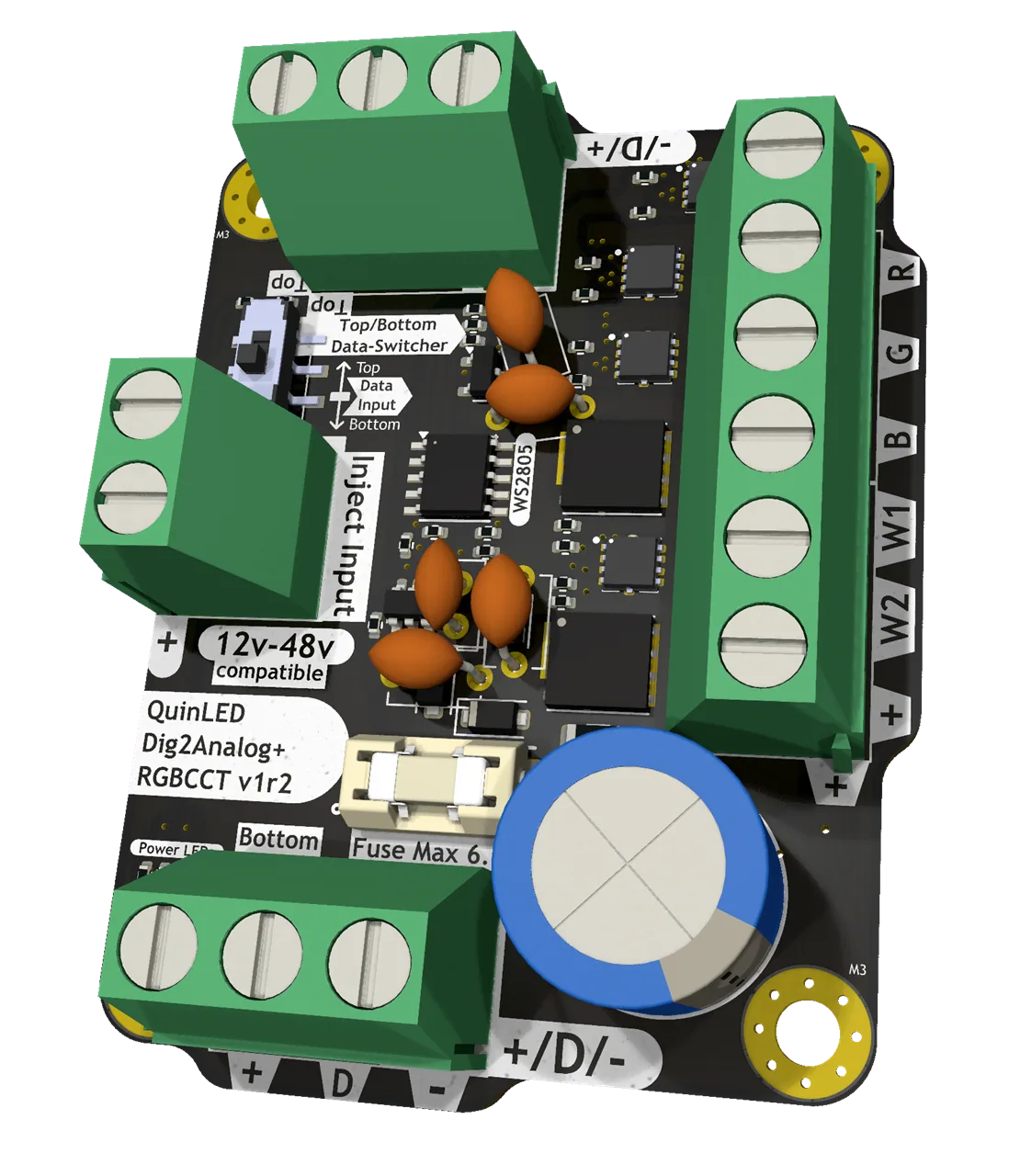 QuinLED dig2analog+ RGBCCT board angled top view with green W/W1/B/G/R output terminals, a WS2805 chip and a blue capacitor on black PCB
