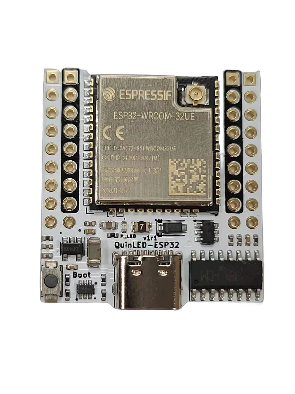 QuinLED-ESP32 controller top view, ESP32-WROOM-32UE module with u.FL antenna connector, USB-C port, Boot button and gold pin pads