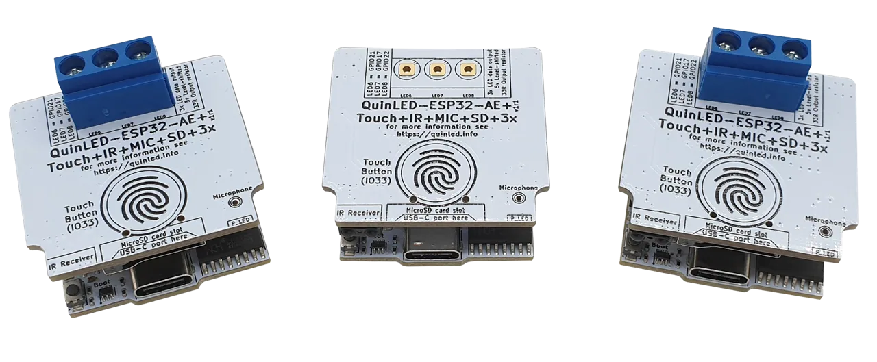 Three QuinLED-ESP32-AE+ boards shown together in top and angled views, with touch-button pad, microphone, IR receiver and blue screw terminal