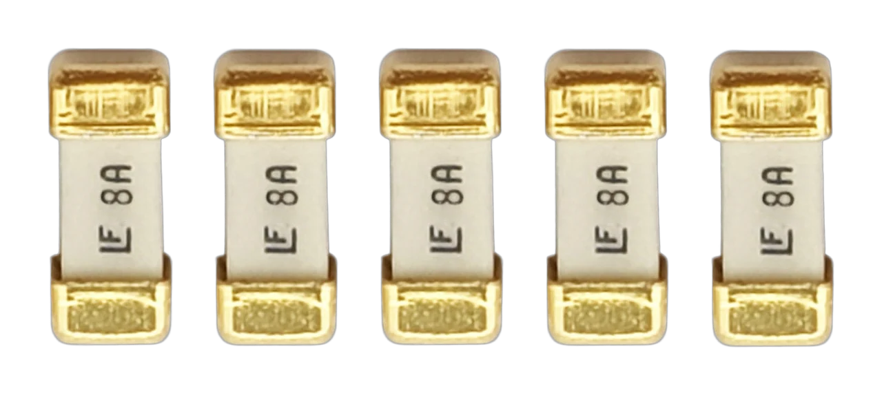 A QuinLED replacement fuse pack of five 8A 2410 SMD fuses with gold end caps